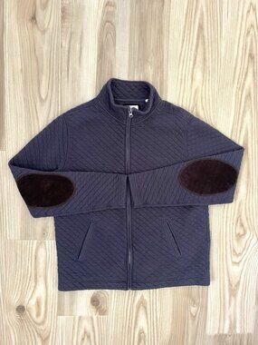 BILLY REID Quilted Full Zip Elbow Patch Sweater Jacket Soft Navy Blue size Large